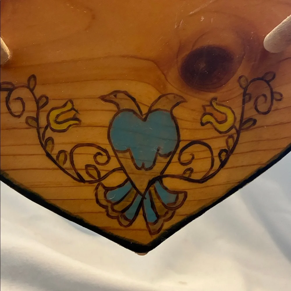Wooden Wall Coat Hanger VTG Scandinavian-style folk art pyrography Heart Shaped